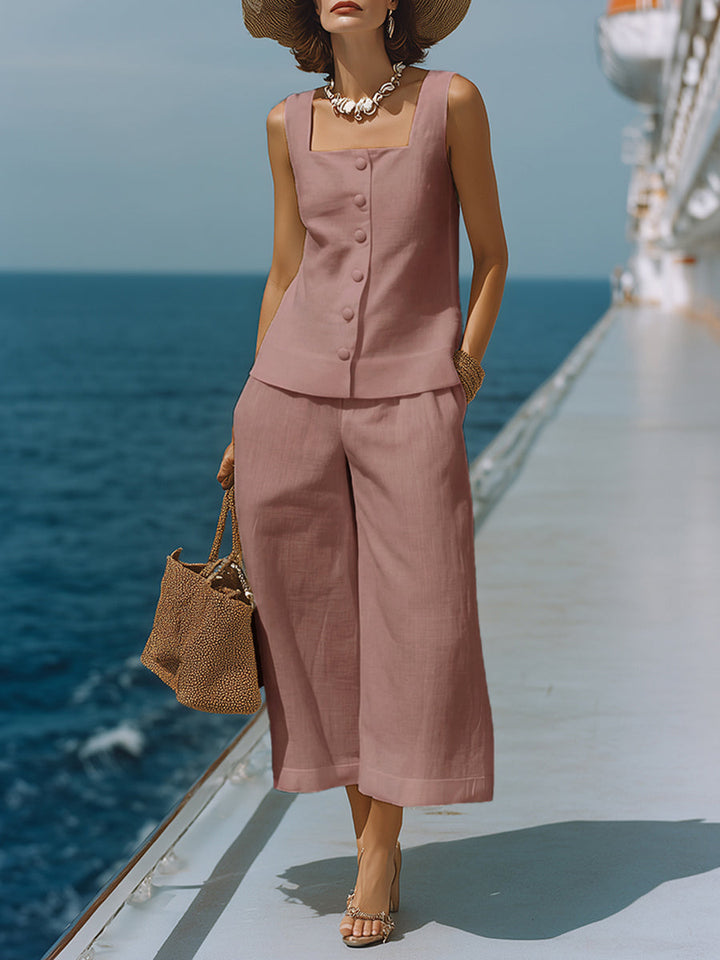 Zeitloses Weißes Top für Damen mit Quadrat-Ausschnitt und Passenden Capri-Hosen Set