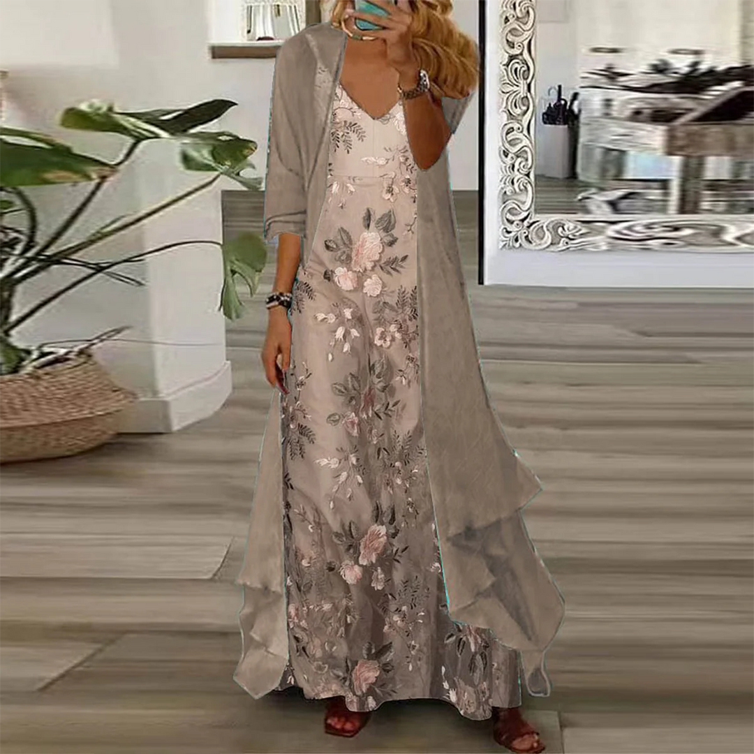 Edda | Zweiteiliges Blumen-Maxi-Kleid Set für Damen mit V-Ausschnitt