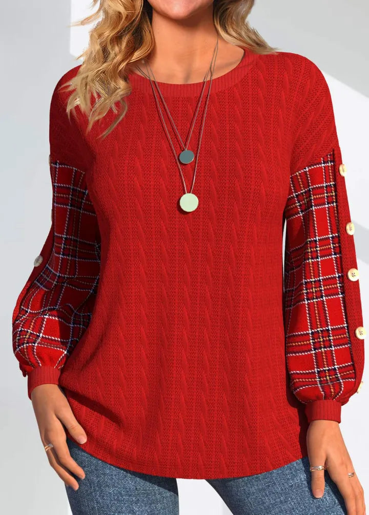 Ida | Roter Pullover für Damen mit karierten Ärmeln und Rundhalsausschnitt
