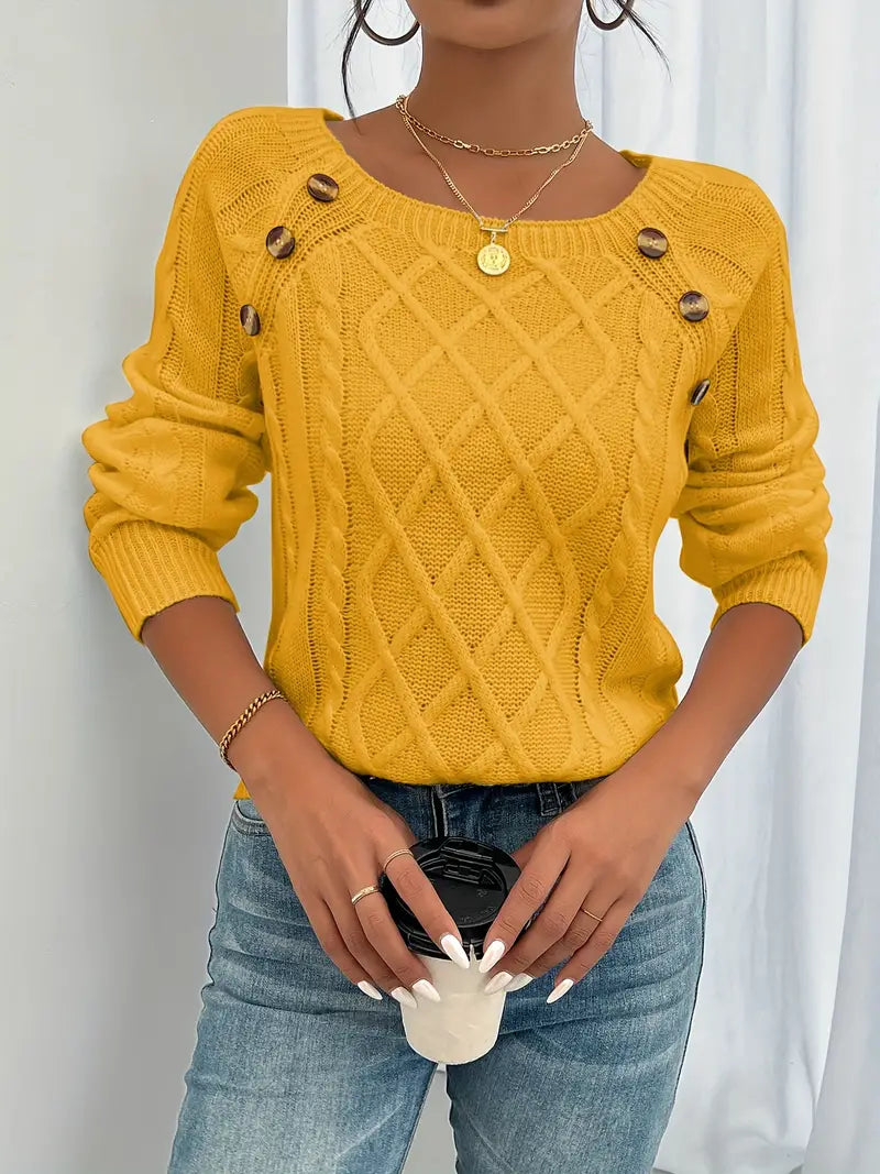 Lina | Langärmeliger Pullover für Damen mit Zopfmuster, Lässiger Pullover mit Rundhalsausschnitt