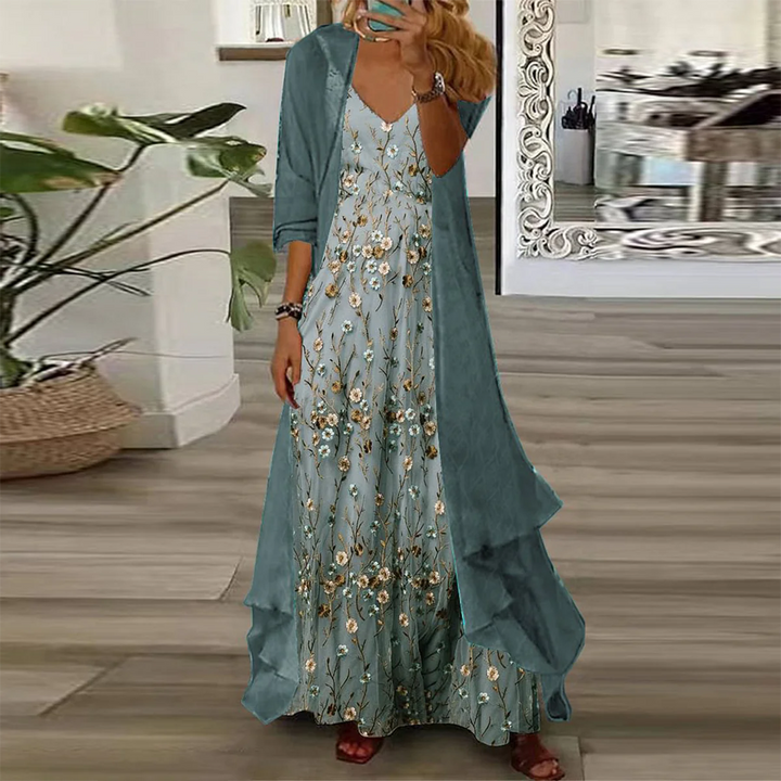 Edda | Zweiteiliges Blumen-Maxi-Kleid Set für Damen mit V-Ausschnitt