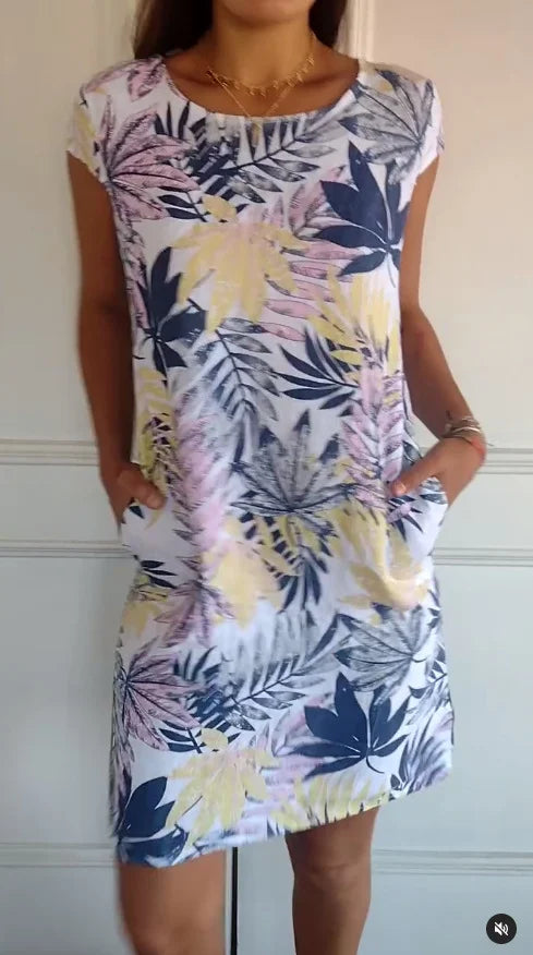Sommerkleid für Damen mit Taschen und lebhaftem Druck und Blumenmuster