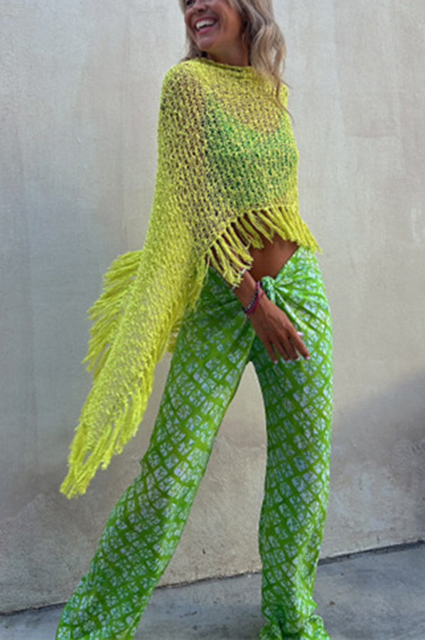 Sonnenuntergangsbrise Quasten Strick Cover-Up für Damen mit Ausschnittdetails