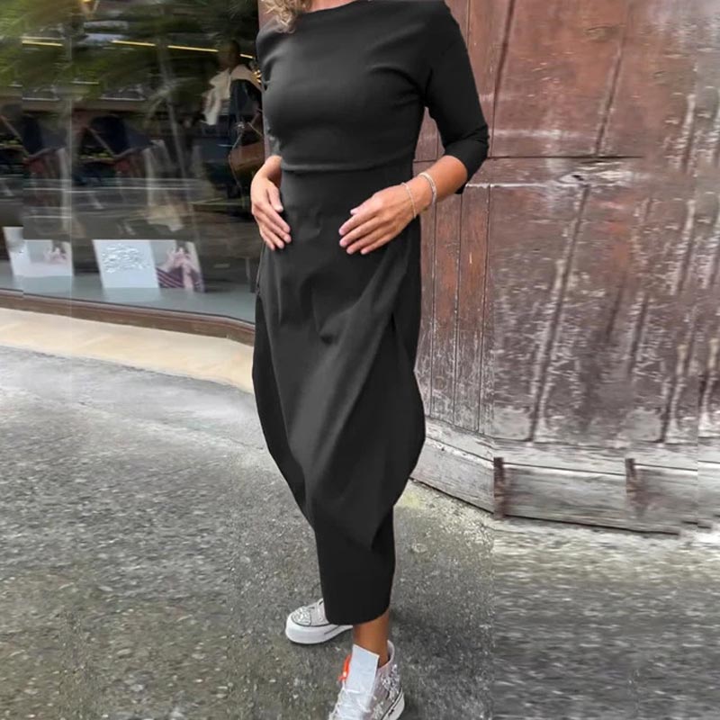 Elsbeth | Elegantes Damenkleid für Damen mit Tasche und Rundhalsausschnitt