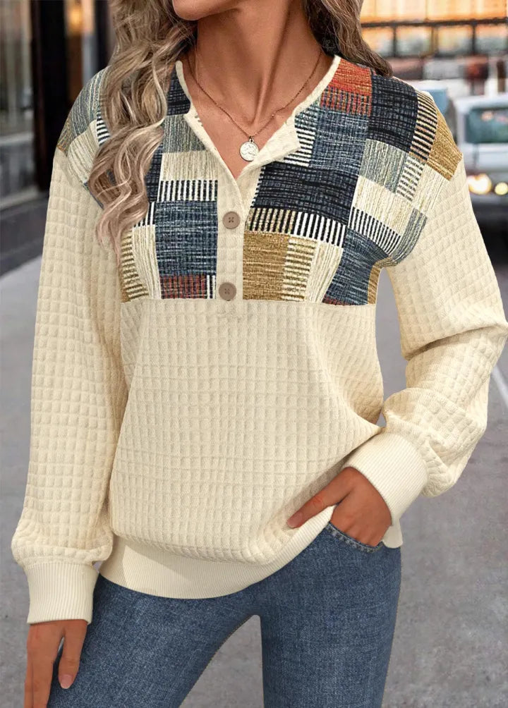 Linora | Patchwork-Strick für Damen mit Knöpfen, V-Ausschnitt und langen Ärmeln