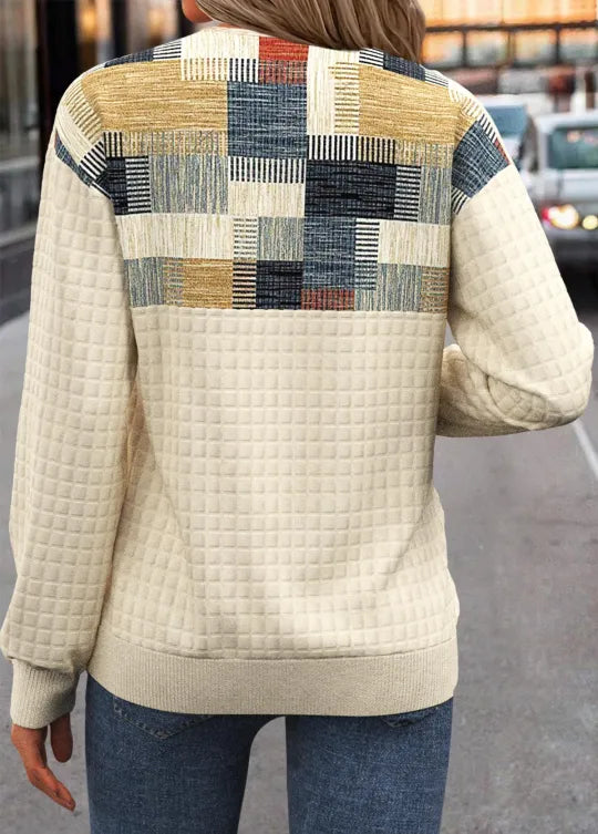 Linora | Patchwork-Strick für Damen mit Knöpfen, V-Ausschnitt und langen Ärmeln