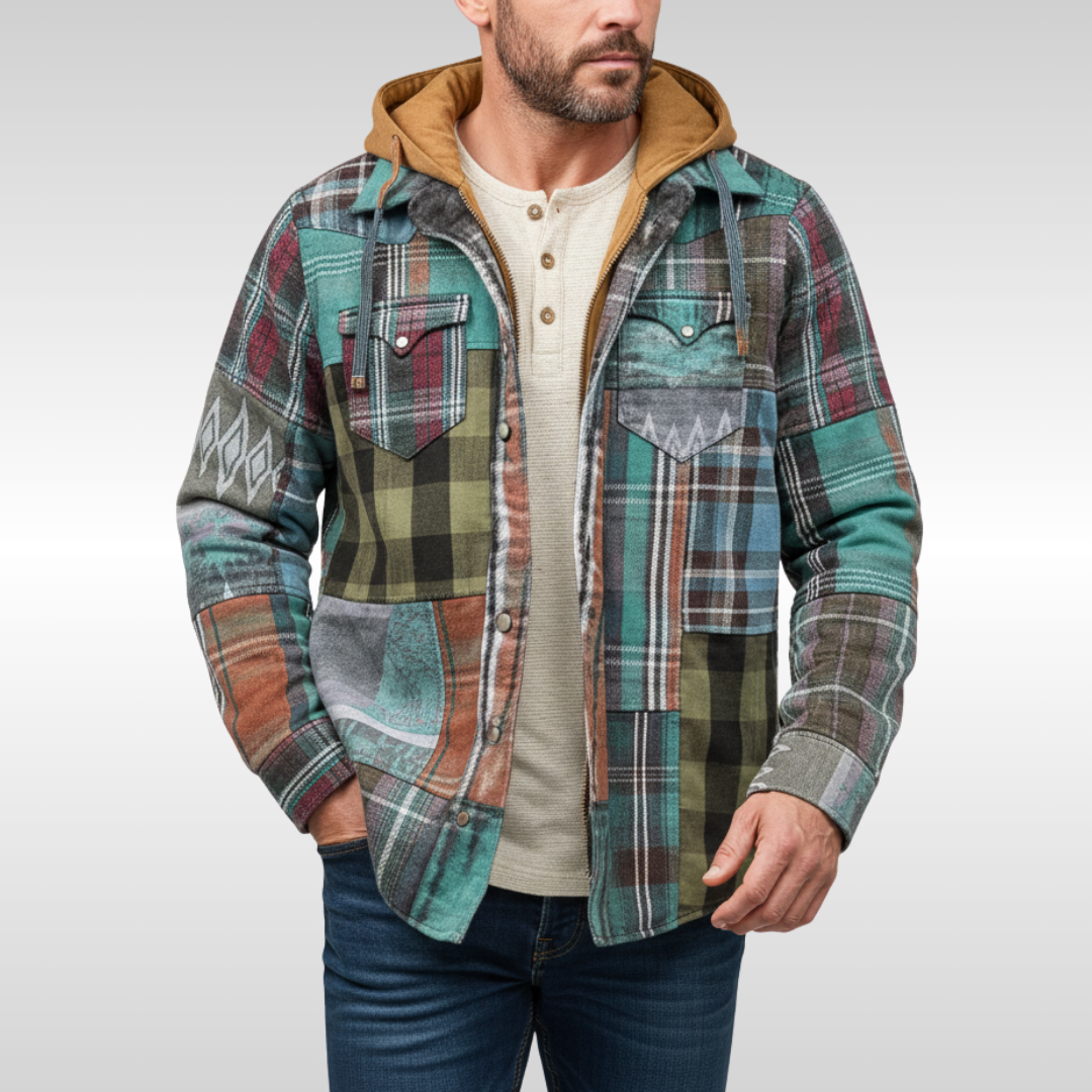 Elias | Herren Jacke mit Karo, Kapuze, Taschen und Knöpfen