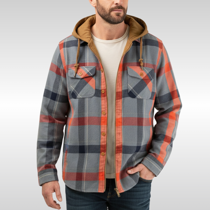 Elias | Herren Jacke mit Karo, Kapuze, Taschen und Knöpfen