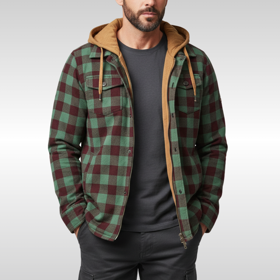 Elias | Herren Jacke mit Karo, Kapuze, Taschen und Knöpfen