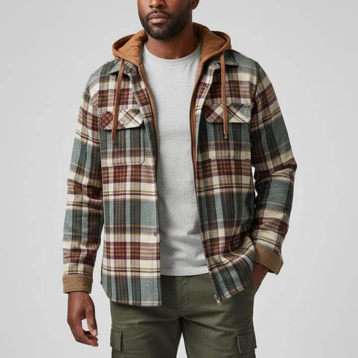 Elias | Herren Jacke mit Karo, Kapuze, Taschen und Knöpfen