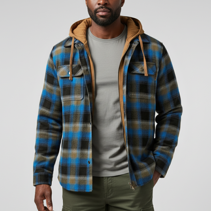 Elias | Herren Jacke mit Karo, Kapuze, Taschen und Knöpfen