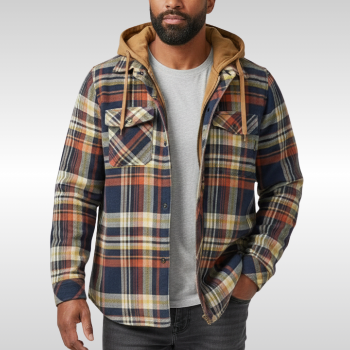 Elias | Herren Jacke mit Karo, Kapuze, Taschen und Knöpfen