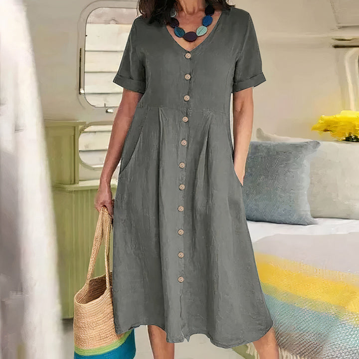 Briar | Müheloses Knopfkleid für Damen mit V-Ausschnitt und kurzen Ärmeln