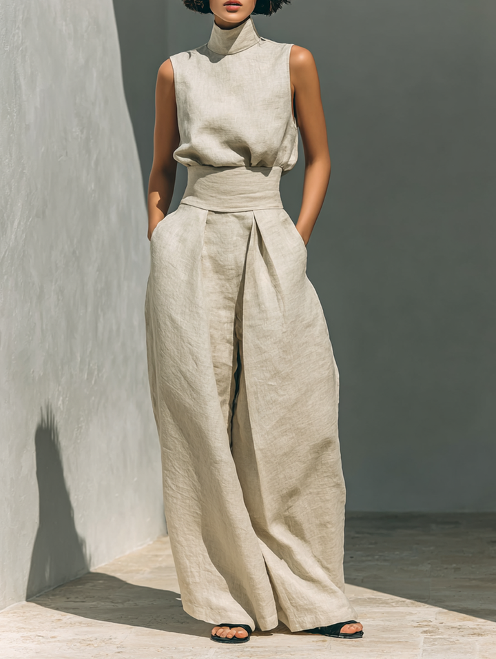 Damen Ärmellose Bluse und Weite-Hosen Ensemble mit hohem Bund
