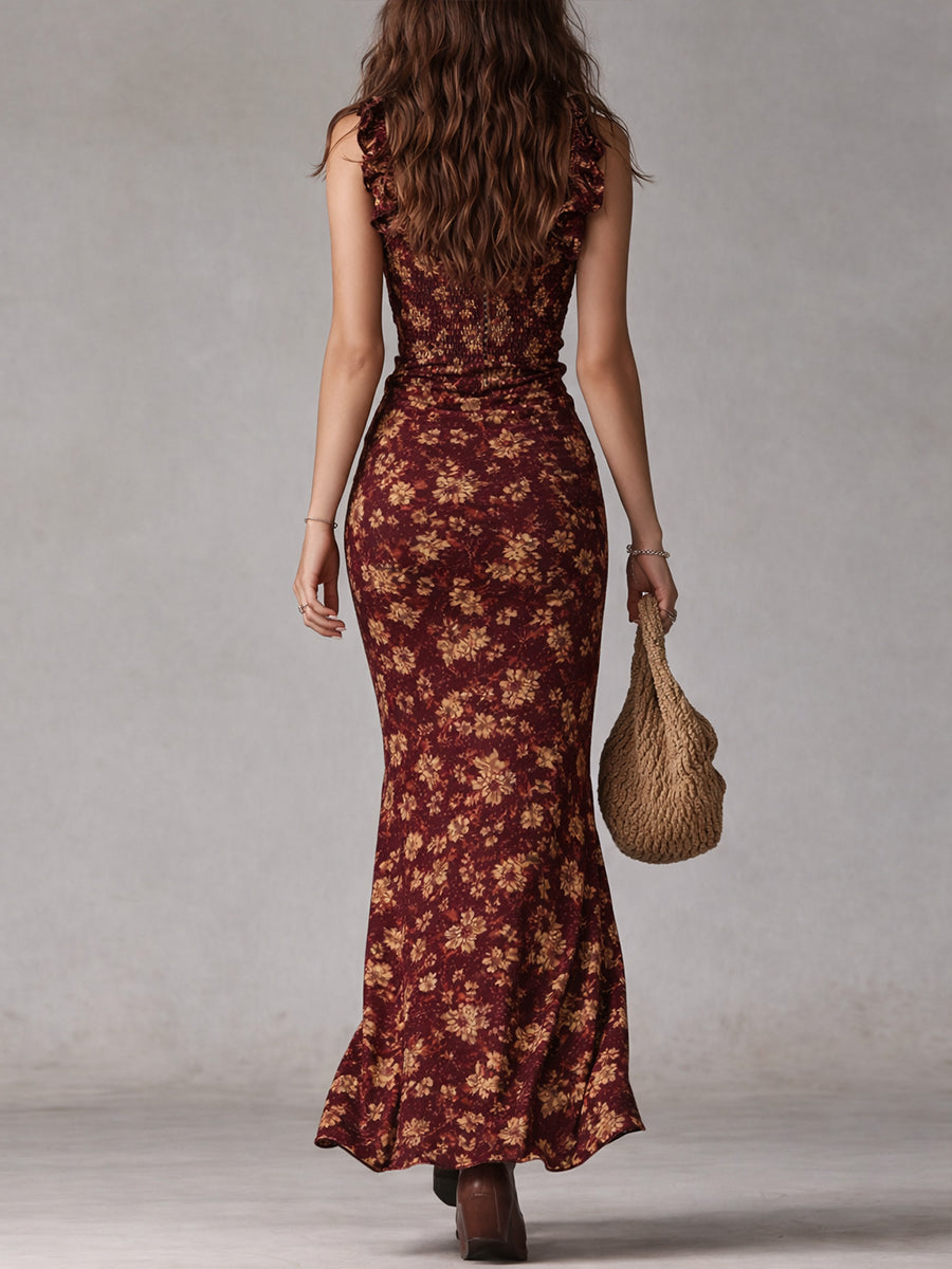 Maya | Boho Retro Rüschensleeves Maxikleid für Damen mit hohem Schlitz