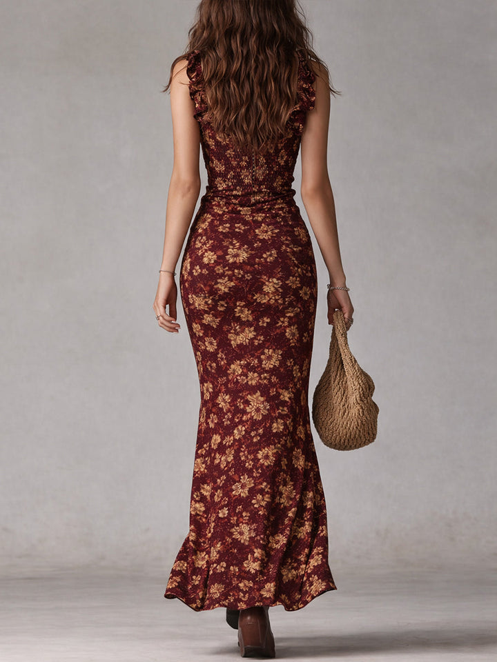 Maya | Boho Retro Rüschensleeves Maxikleid für Damen mit hohem Schlitz