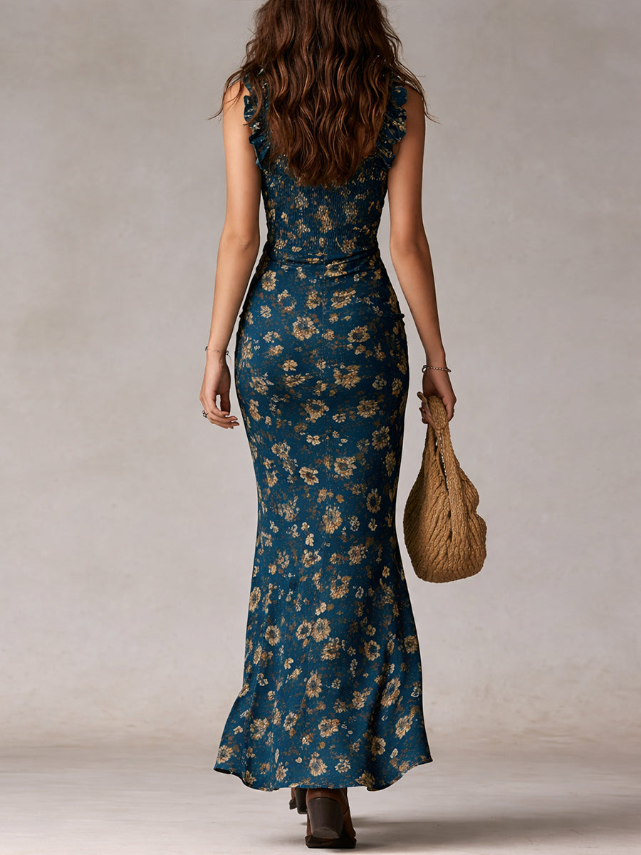 Maya | Boho Retro Rüschensleeves Maxikleid für Damen mit hohem Schlitz