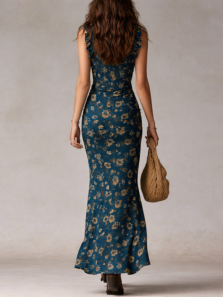 Maya | Boho Retro Rüschensleeves Maxikleid für Damen mit hohem Schlitz