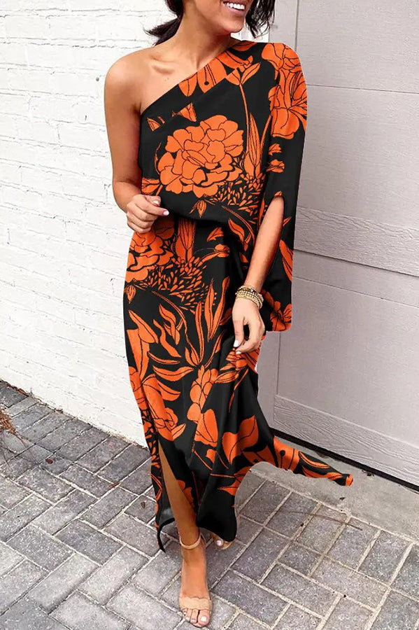 Rosie Ein-Schulter Bedrucktes Maxikleid für Damen mit Seitenschlitz