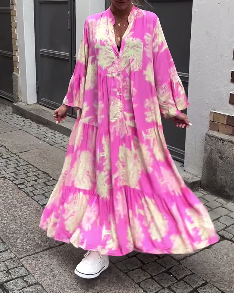 Ophelia | Langes Fließendes Maxikleid für Damen mit V-Ausschnitt und langen Ärmeln