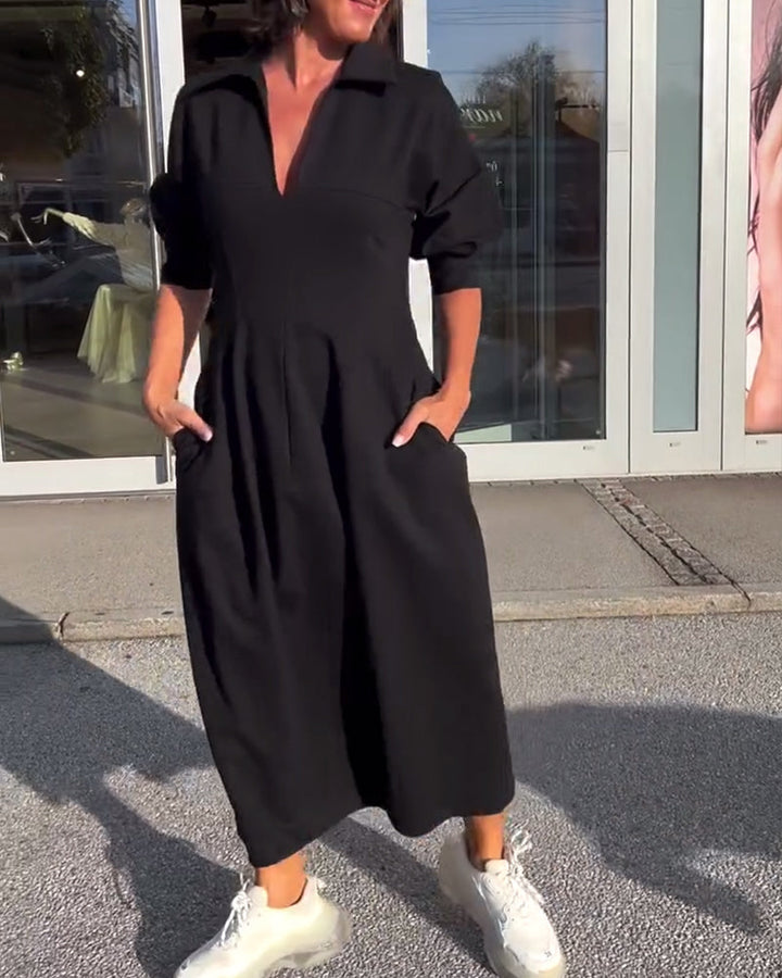 Karolin | Bequemes Langes Maxikleid für Damen mit V-Ausschnitt und kurzen Ärmeln