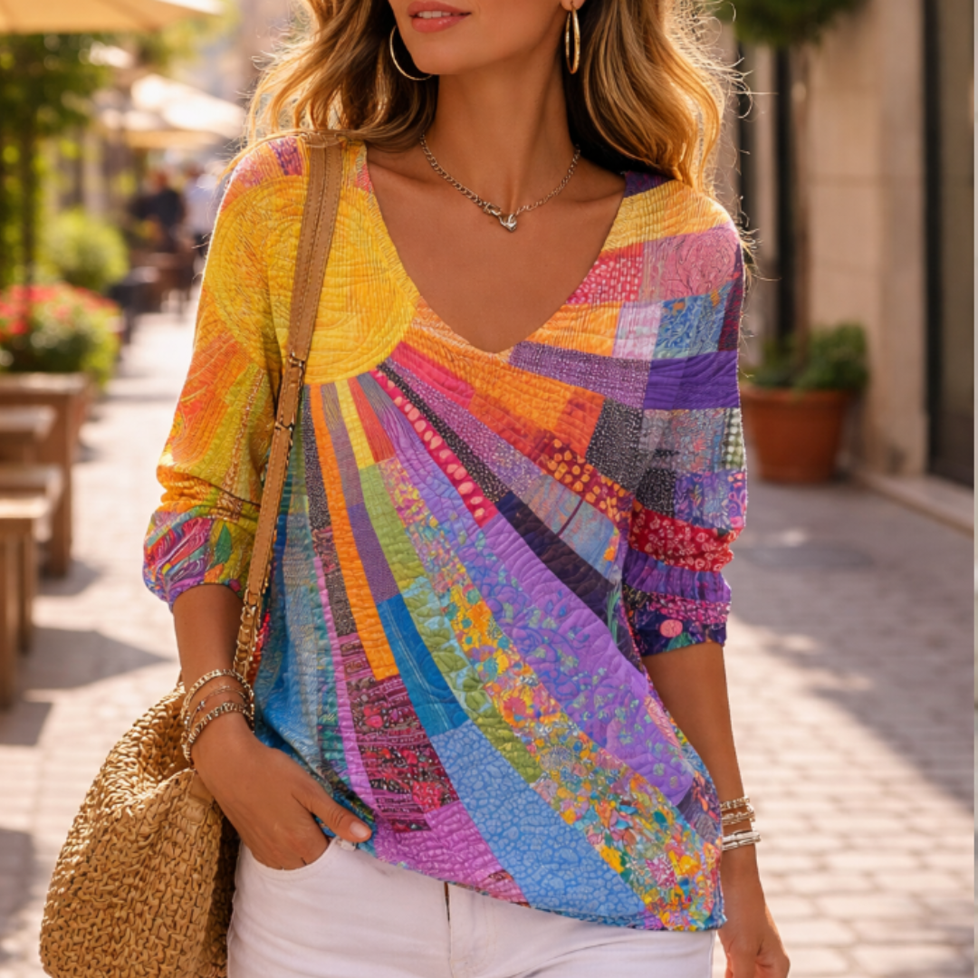 Retro Buntes Patchwork T-Shirt für Damen mit V-Ausschnitt und langen Ärmeln