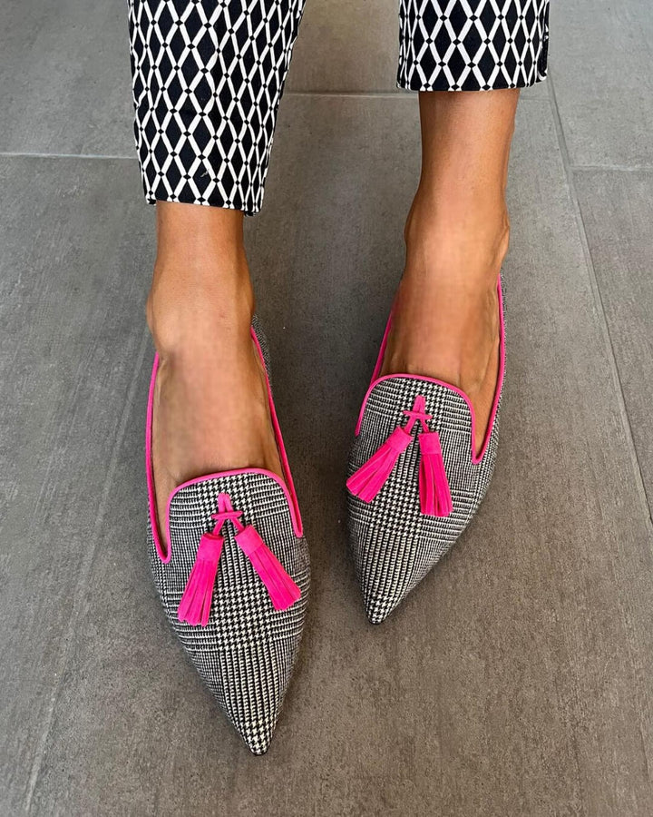 Spitz Loafer für Damen mit Fluo Fransen und Karomuster