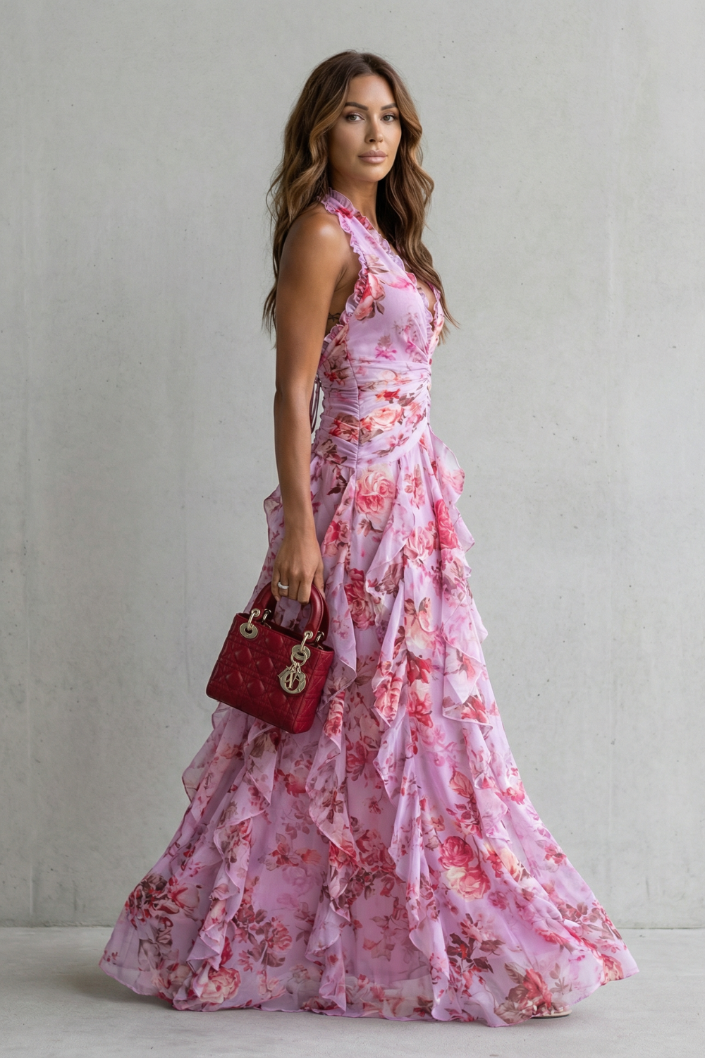 Belladina Verzauberndes Rosen-Kaskaden-Halter-Maxikleid für Damen