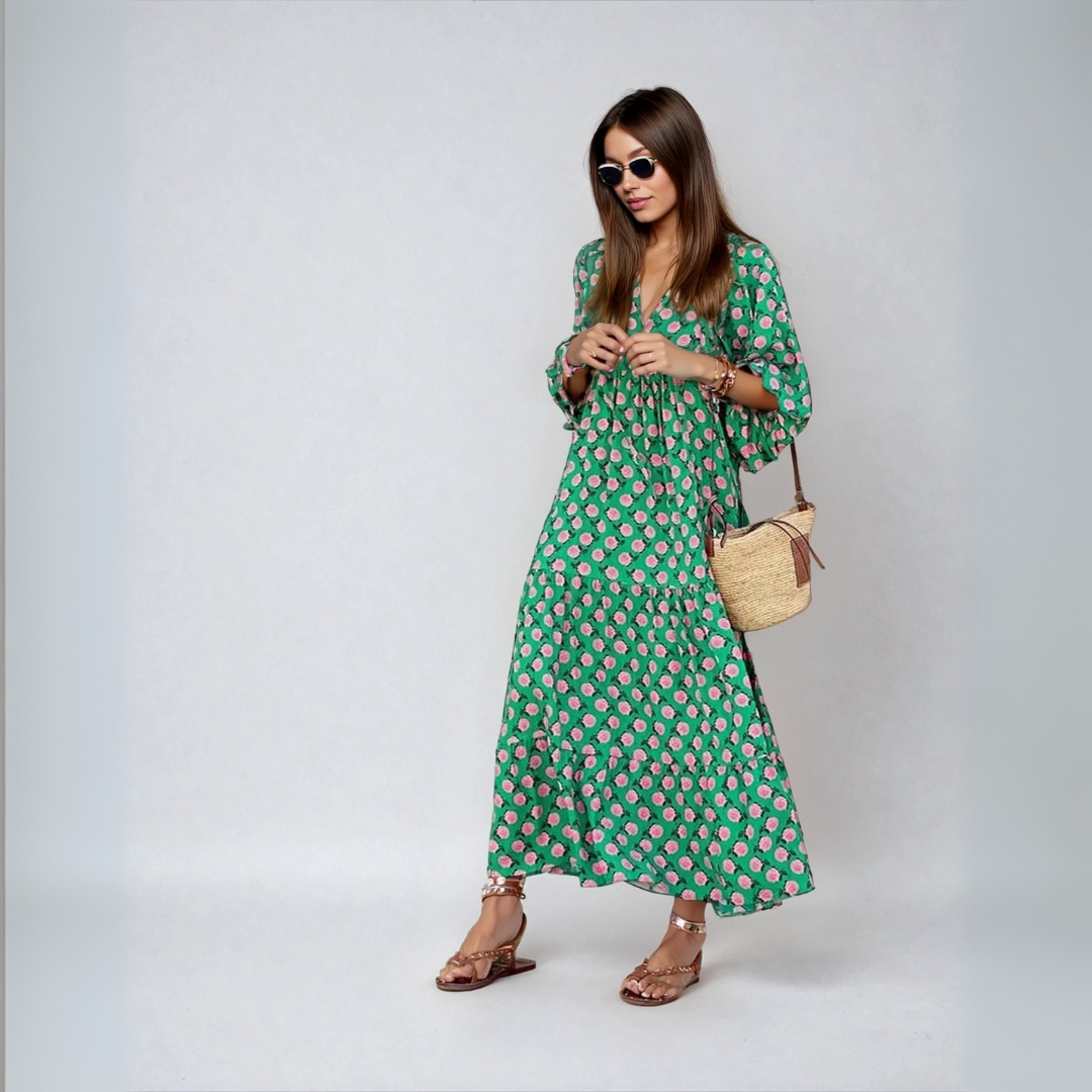 Elin | Boho Maxi Kleid für Damen mit V-Ausschnitt und kurzen Ärmeln