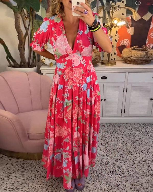 Floriana | Lebhaftes Blumenkleid für Damen mit V-Ausschnitt und kurzen Ärmeln
