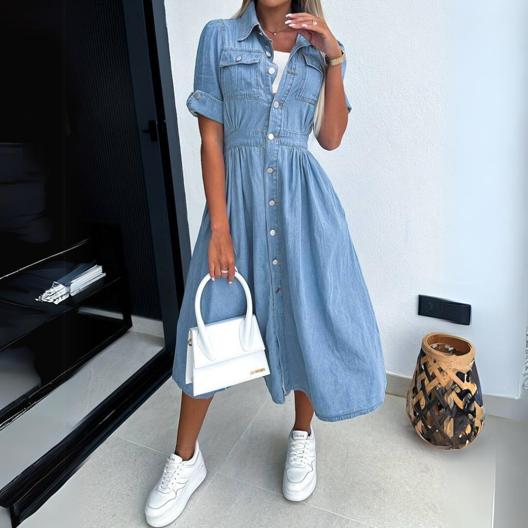 Alissa | Trendy Denim Midikleid für Damen mit kurzen Ärmeln