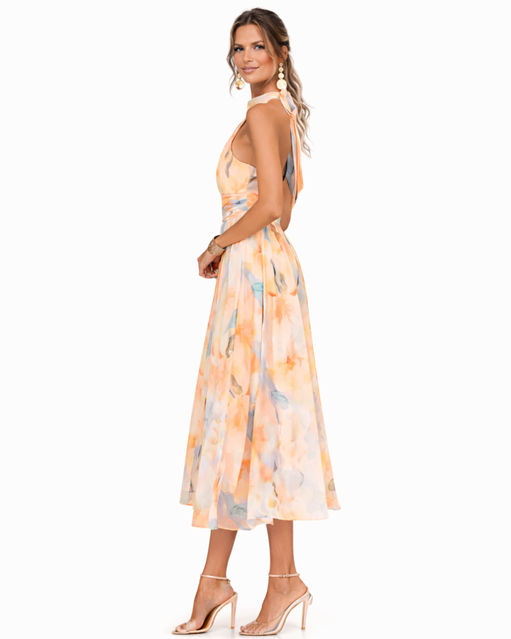 Aurora | Aquarell Druck Halter Neck Maxikleid für Damen