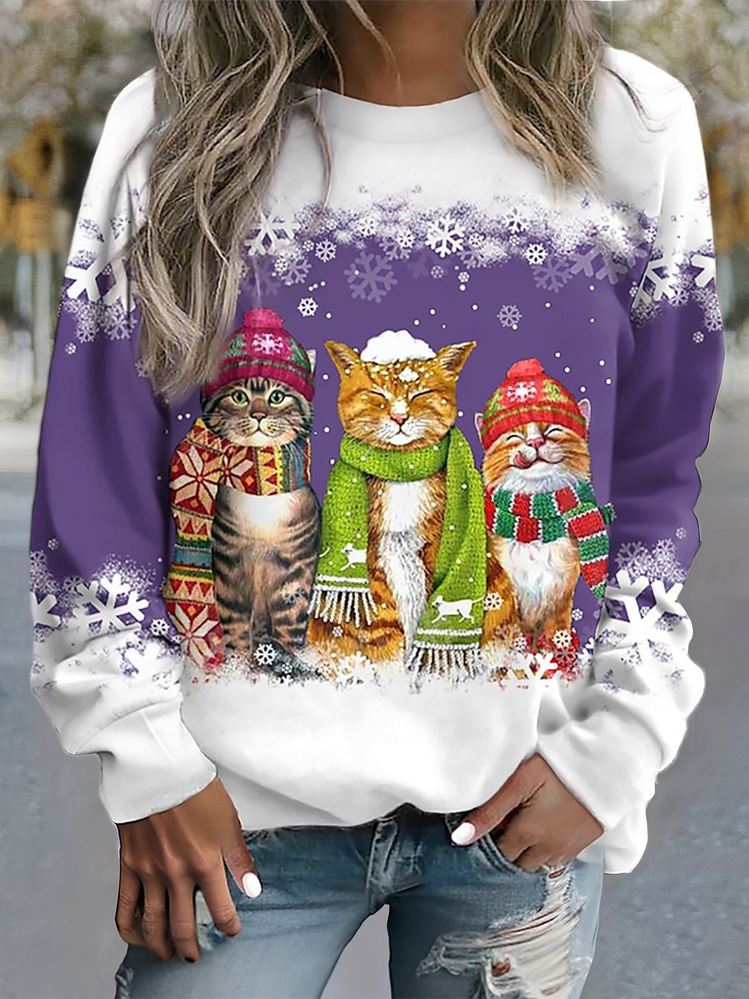 Nele | Warmes Winter Top für Damen mit Schneekatzen Print