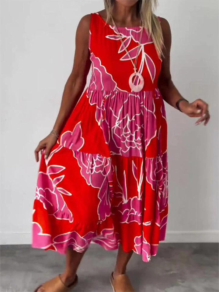 Fiorella | Florale Midikleid für Damen mit Rundhalsausschnitt