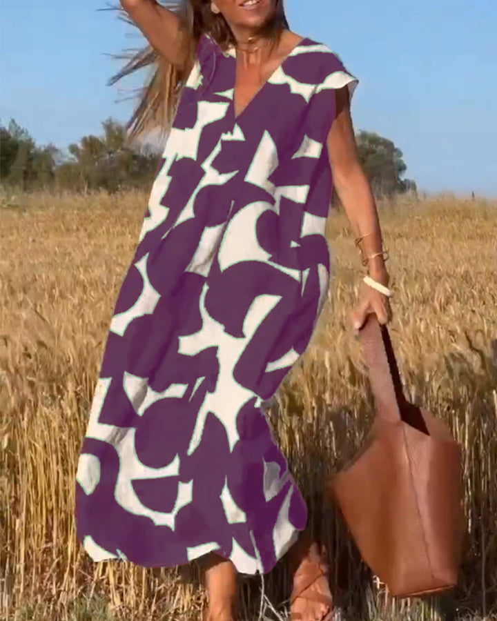 Kendall | Lässiges Abstract Midikleid für Damen mit V-Ausschnitt und kurzen Ärmeln