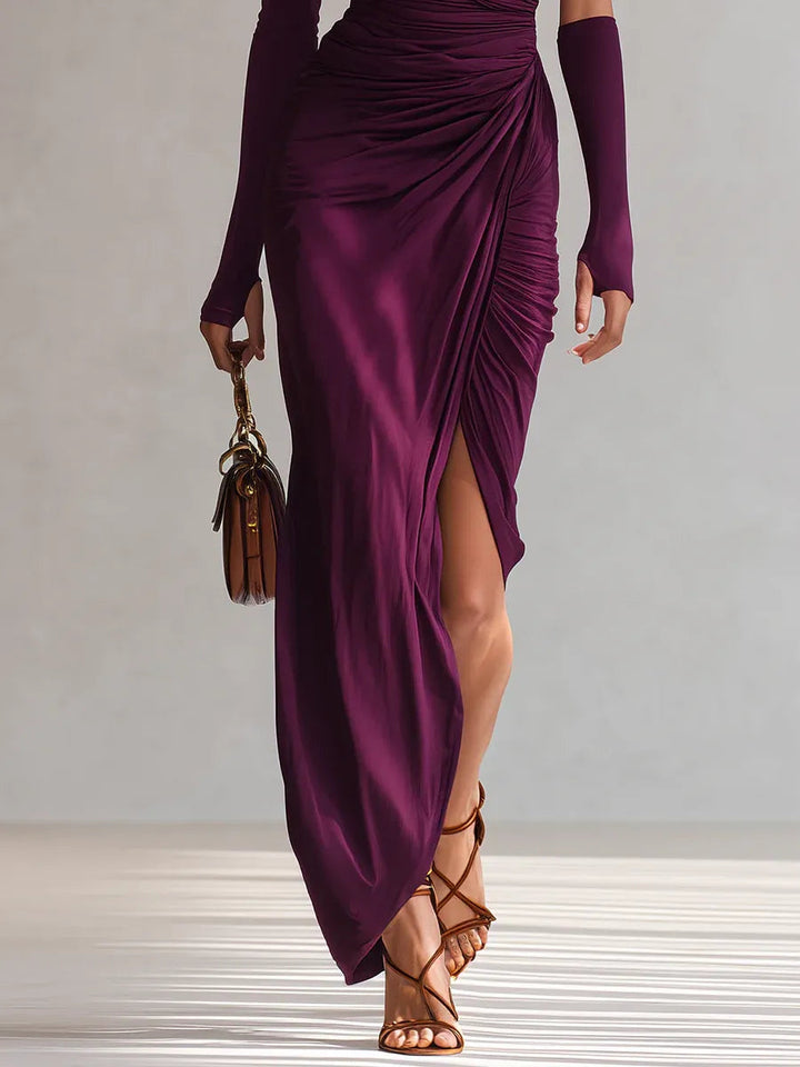 Rhianna Chic Maxikleid für Damen mit Ärmeln und asymmetrischem Ausschnitt