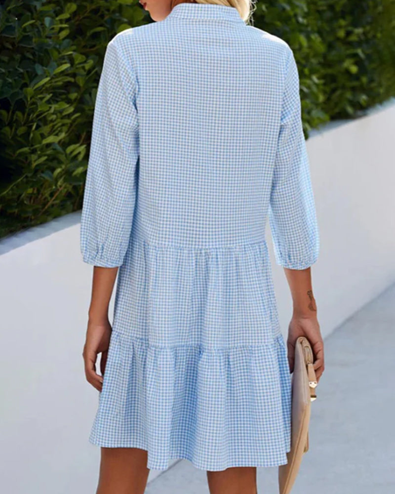 Bella | Sommer Karo Kleid mit V-Ausschnitt und langen Ärmeln