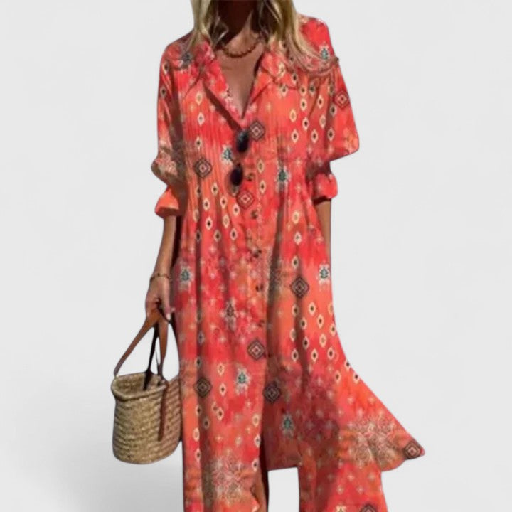 Lauren | Stylisches Boho-Maxikleid für Damen mit V-Ausschnitt und kurzen Ärmeln