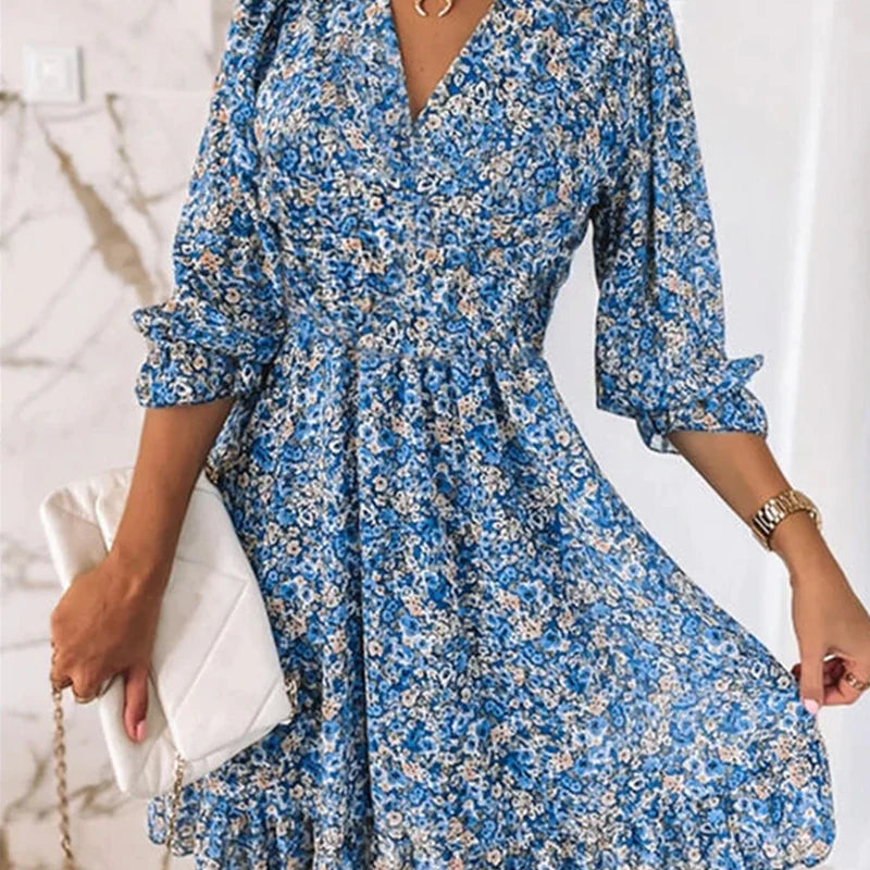 Addison | Elegantes Blumenkleid mit V-Ausschnitt und langen Ärmeln