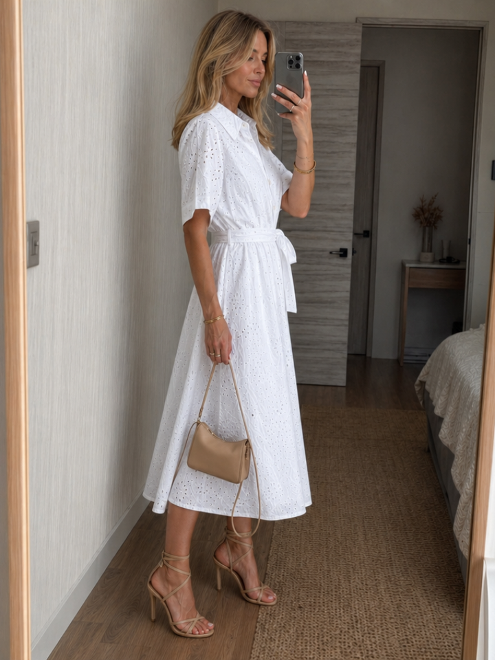 Mila | Damen Midikleid mit Bindegürtel und Knöpfen