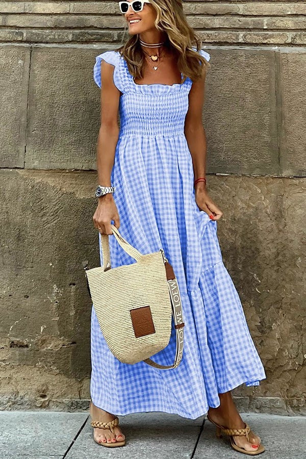 Ivara | Elegantes Karomuster Sommerkleid für Damen mit eckigem Ausschnitt