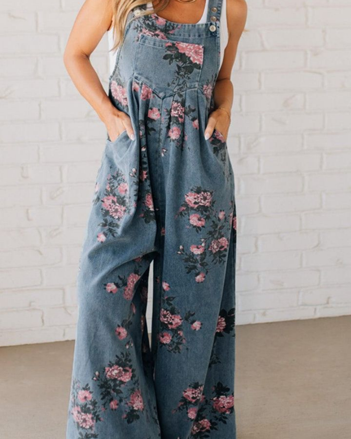 Mirona | Lässiger Denim-Overall für Damen mit Blumenmuster und Rundhalsausschnitt