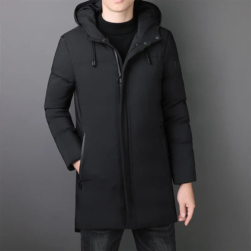 Elegante Lange Herrenjacke für Herren mit Kapuze und langen Ärmeln