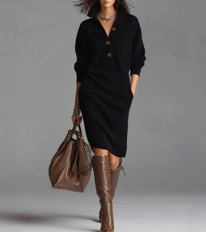 Scarlett | Elegantes Winterkleid für Damen mit Knöpfen und V-Ausschnitt