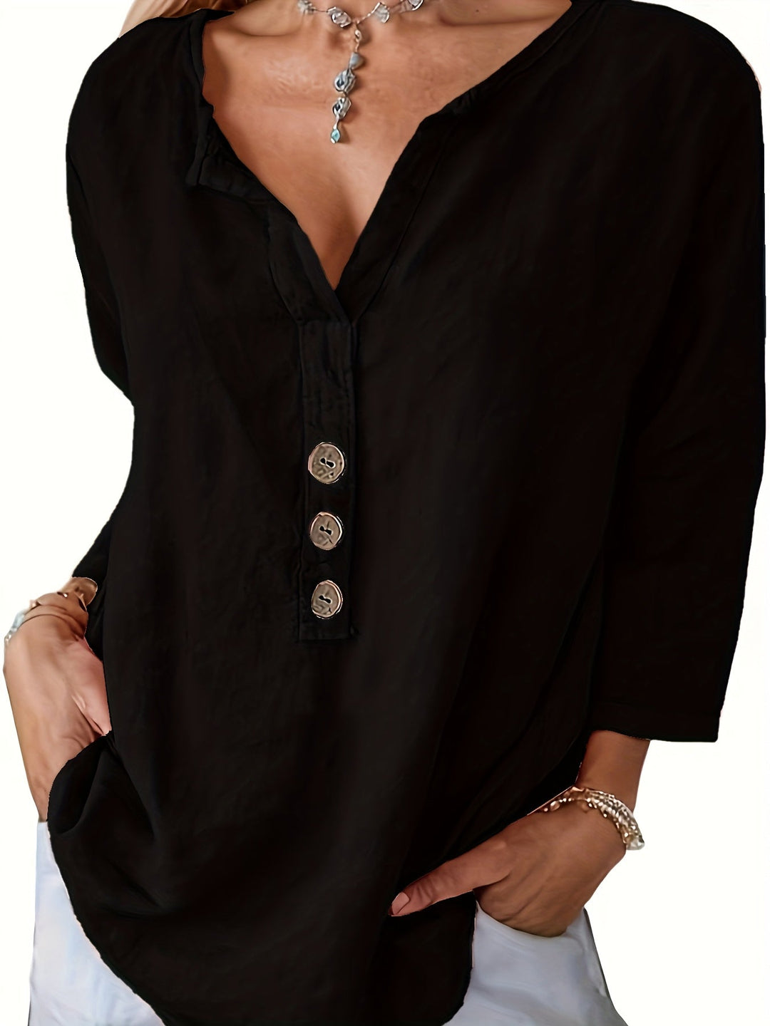 Harper | Lockere V-Ausschnitt Bluse für Damen mit Knöpfen
