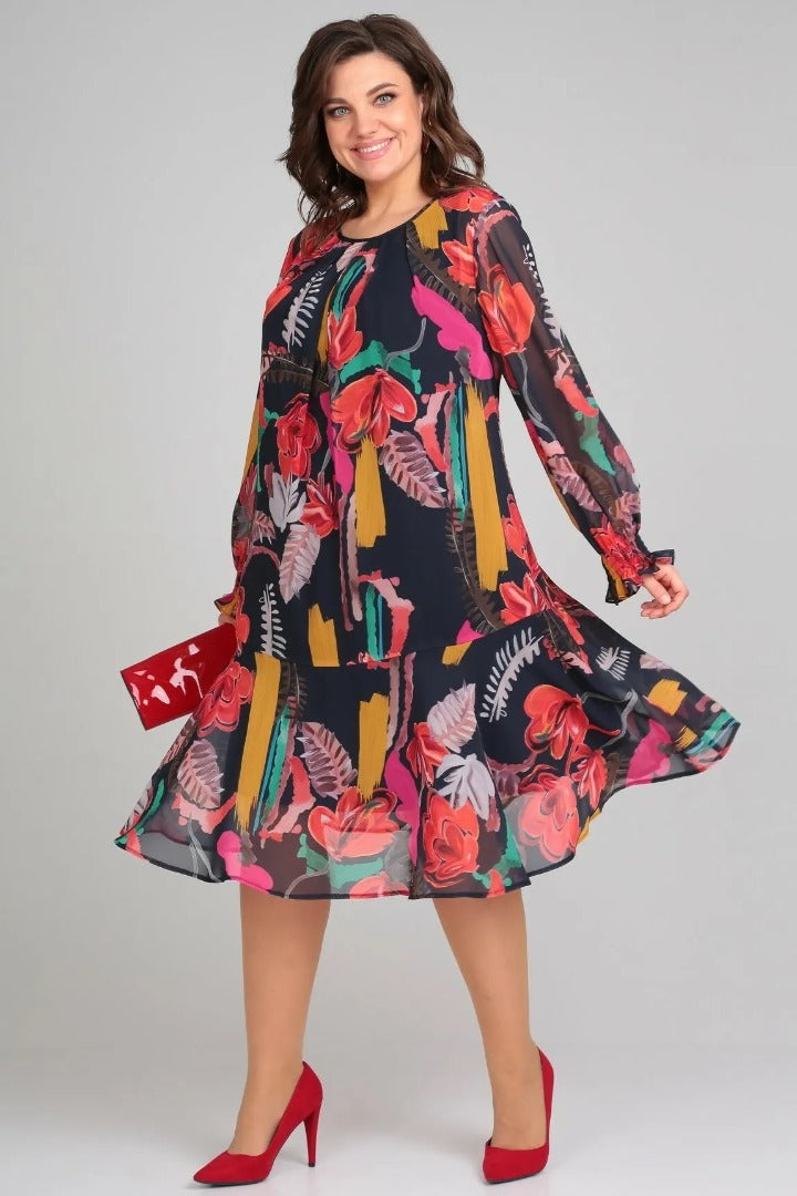 Andrea | Modisches Blumenkleid für Damen mit Rundhalsausschnitt und langen Ärmeln