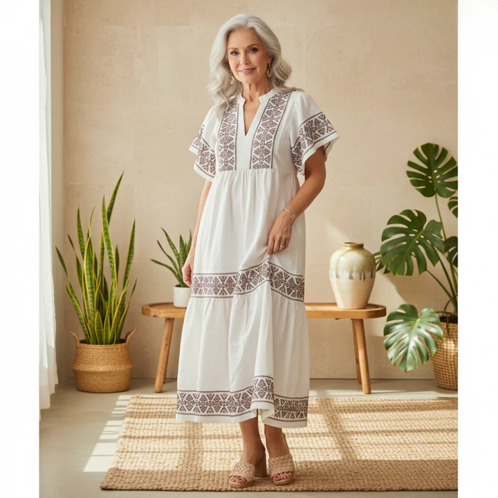 Hanna | Elegantes Boho-Midikleid für Damen mit V-Ausschnitt und kurzen Ärmeln