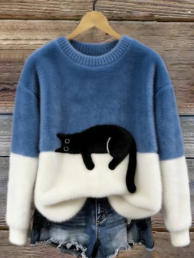 Damen Oversized Pullover mit Katzenmotiv und Farbblockdesign