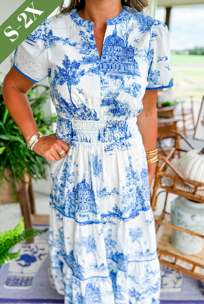Eliza | Klassisches Toile Maxi Kleid für Damen mit V-Ausschnitt und kurzen Ärmeln