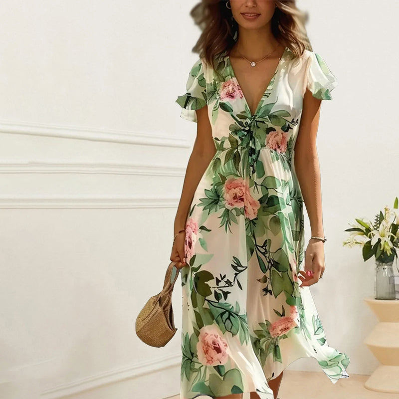 Nirella | Floral Breeze Midikleid für Damen mit V-Ausschnitt und kurzen Ärmeln